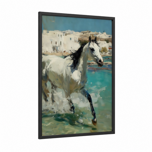 Mediterranean Arabian framed arabian horse print — black wood frame — blue and white palette