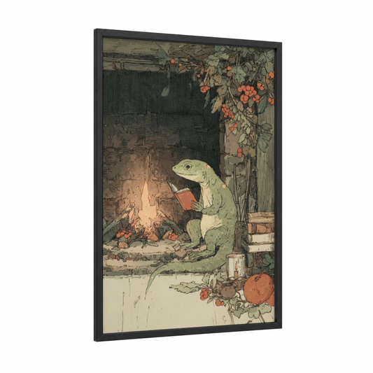 Scholarly Lizard framed art print — black wood frame — olive and russet palette