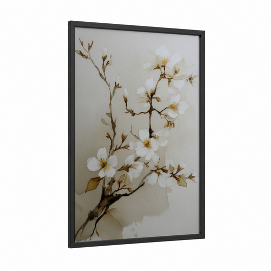 Delicate Cherry Blossoms framed art print — black wood frame — white and gold palette