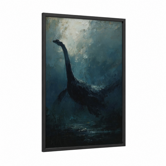 Mysterious Depths framed loch ness monster print — black wood frame — teal and cream palette