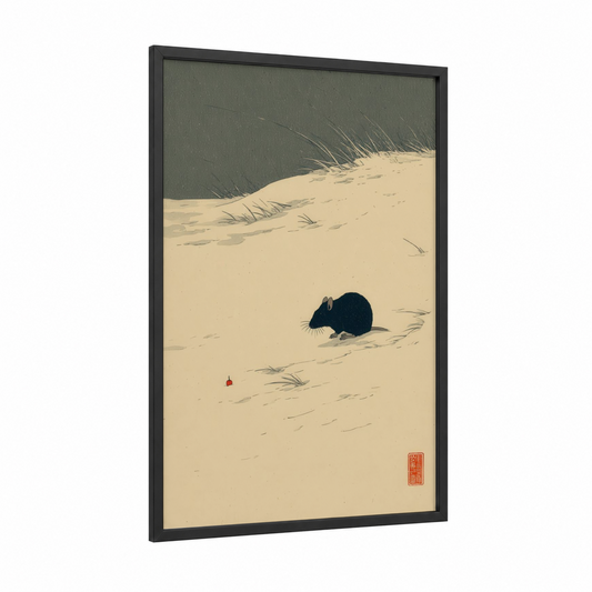 Desert Mouse Solitude framed mice print — black wood frame — cream and gray palette