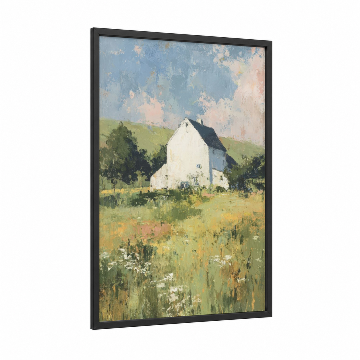 Pastoral Farm Cottage framed art print — black wood frame — light green and blue and white palette