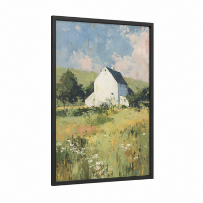 Pastoral Farm Cottage framed art print — black wood frame — light green and blue and white palette