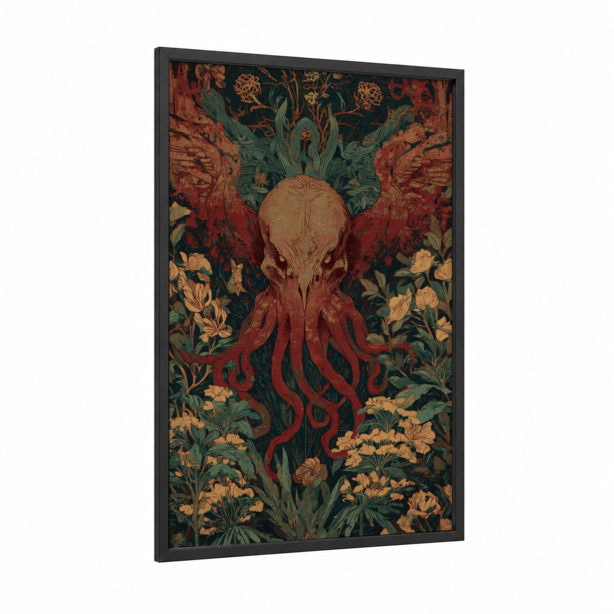 Cthulhu Botanical framed art print — black wood frame — maroon and dark green palette