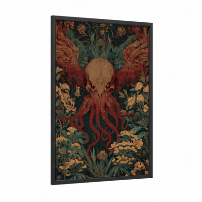Cthulhu Botanical framed art print — black wood frame — maroon and dark green palette