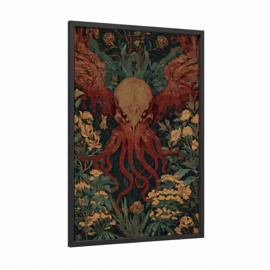 Cthulhu Botanical framed art print — black wood frame — maroon and dark green palette