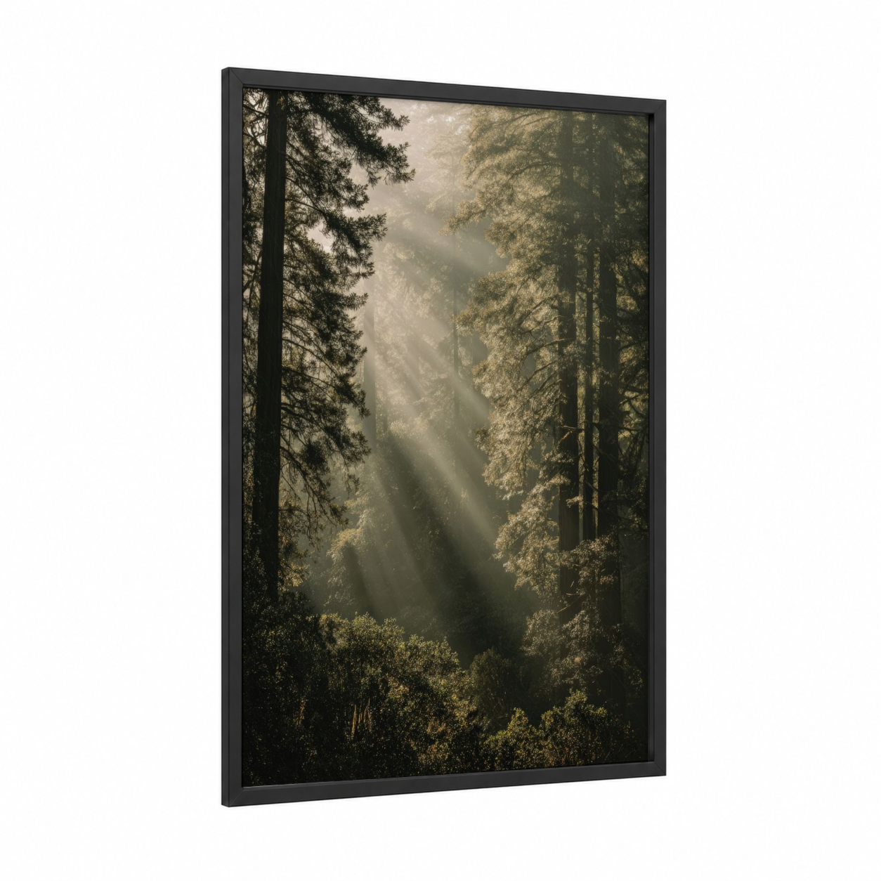 Misty Forest Sunrise framed art print — black wood frame — gold and green palette