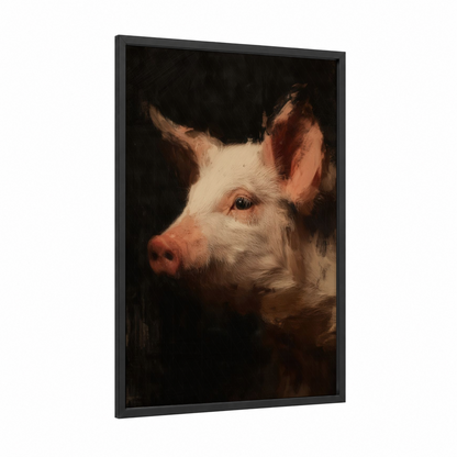 Noble Pig Portrait framed art print — black wood frame — cream and russet palette