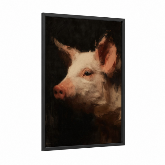 Noble Pig Portrait framed art print — black wood frame — cream and russet palette