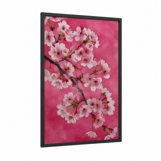 Pink Cherry Blossoms framed art print — black wood frame — pink and magenta palette