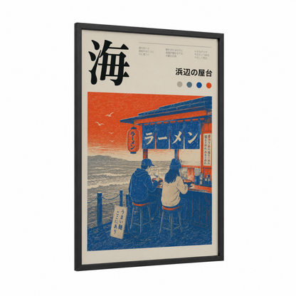Japanese Seaside Ramen Stand Wall Art framed cafe print — black wood frame — orange and blue palette