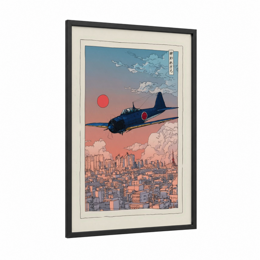 Crimson Sunset Bomber framed vintage airplane print — black wood frame — peach and blue palette