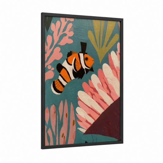 Coral Clownfish framed clown fish print — black wood frame — teal and salmon pink palette