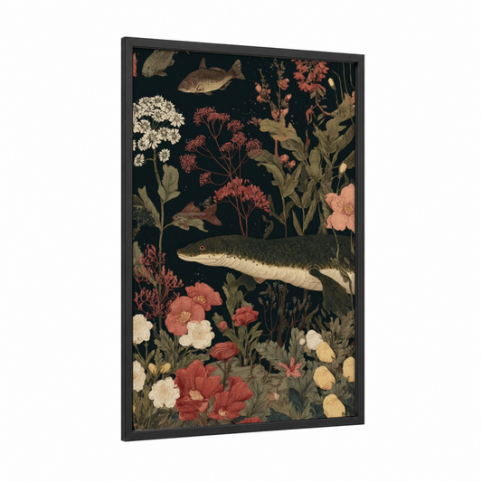 Botanical Nessie framed loch ness monster print — black wood frame — salmon pink palette