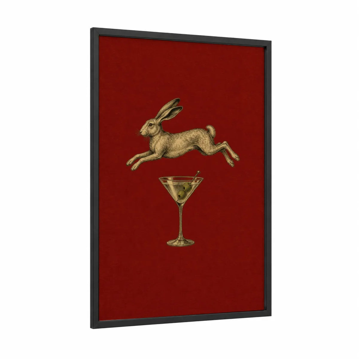 Surreal Rabbit and Martini Wall Art framed art print — black wood frame — red and gold palette
