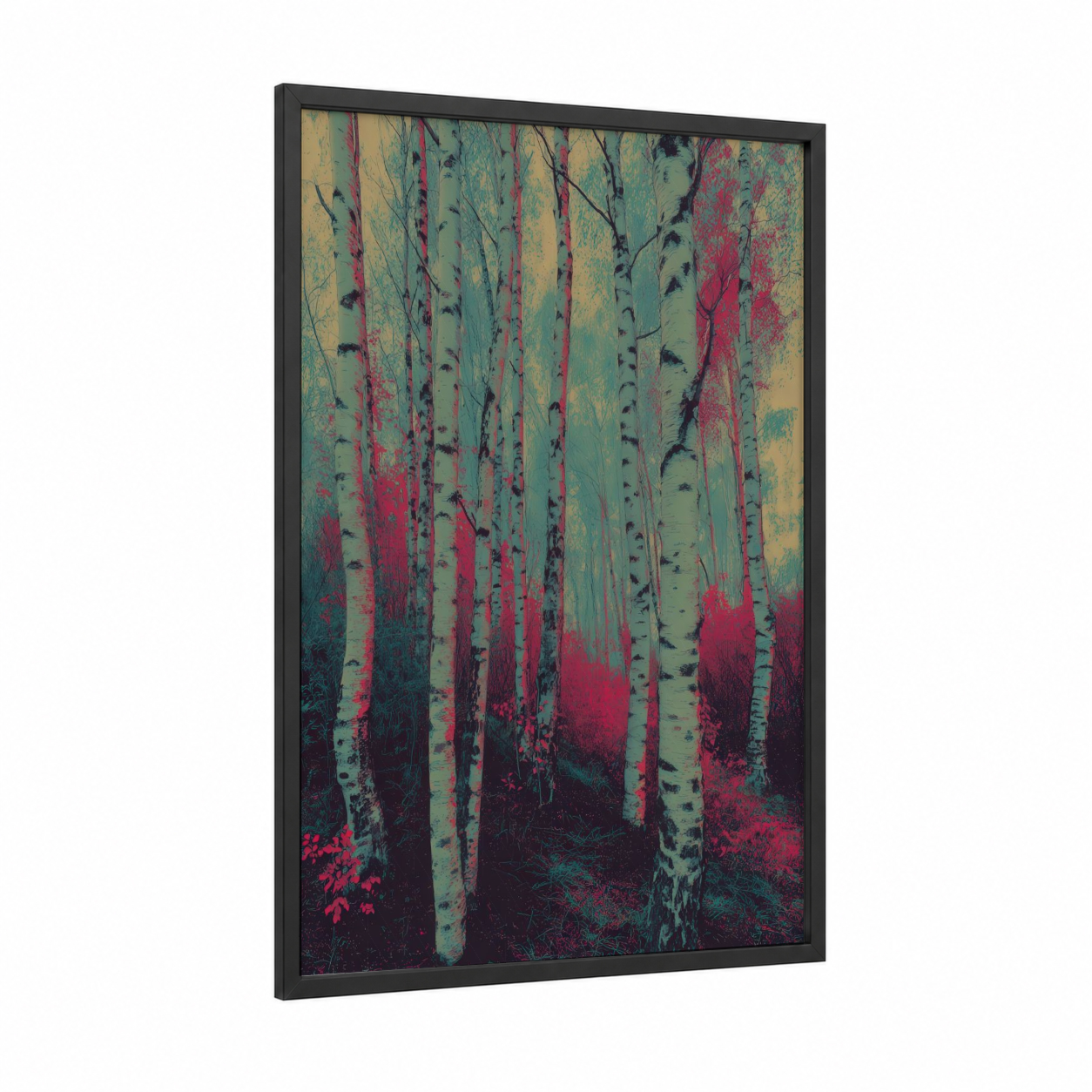 Crimson Birch Forest framed art print — black wood frame — magenta and teal palette
