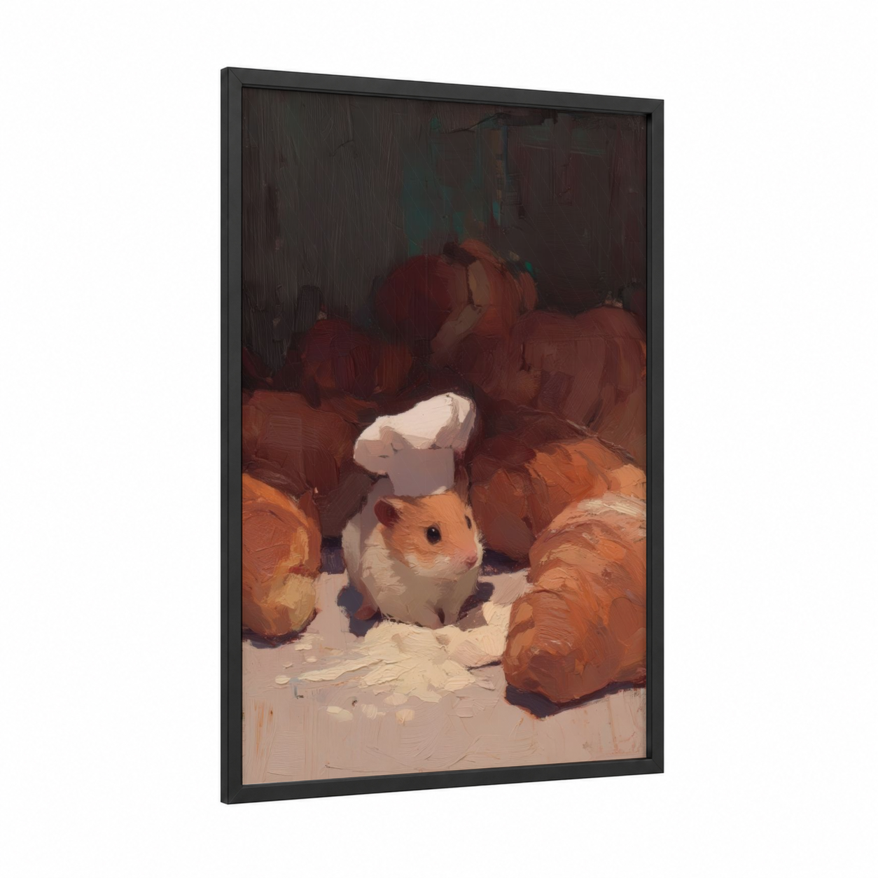 Cozy Hamster Nest framed art print — black wood frame — russet and cream palette