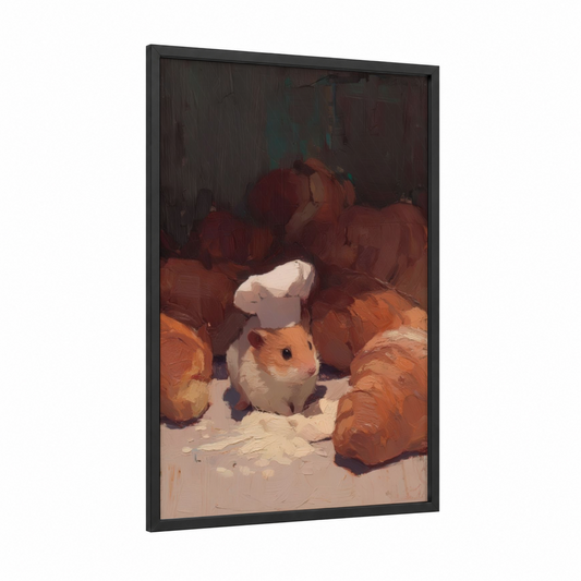 Cozy Hamster Nest framed art print — black wood frame — russet and cream palette