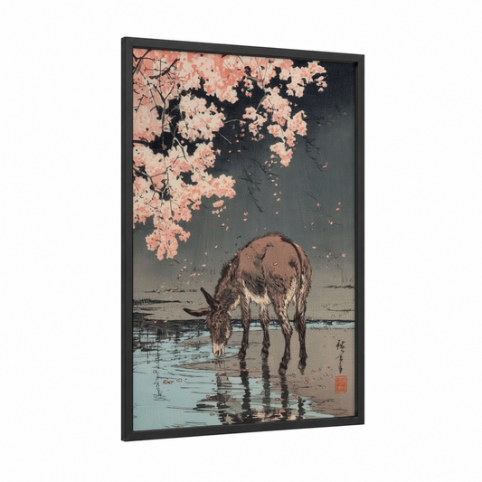 Riverside Donkey framed art print — black wood frame — peach and gray palette