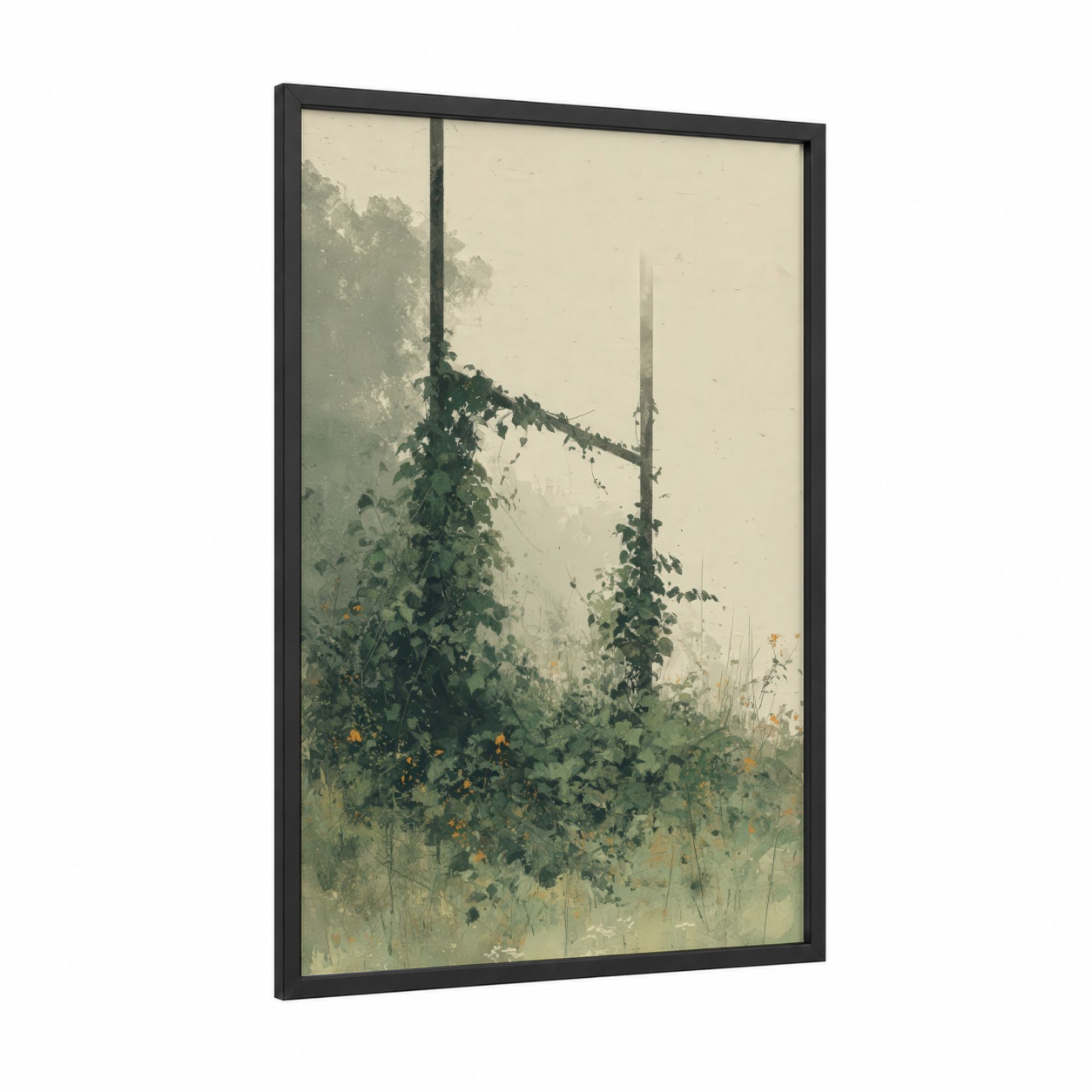 Overgrown Rugby Post framed art print — black wood frame — sage green and cream palette