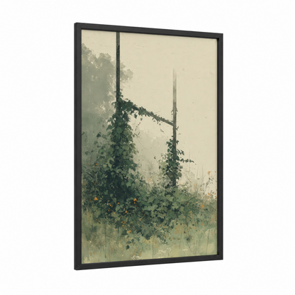 Overgrown Rugby Post framed art print — black wood frame — sage green and cream palette
