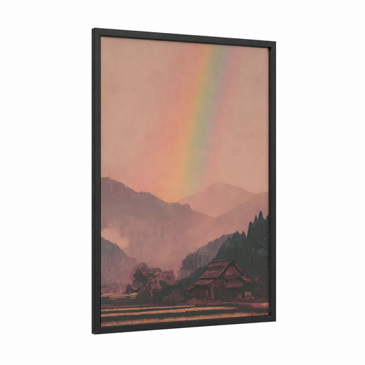 Mountain Rainbow Dawn framed art print — black wood frame — peach and lavender palette