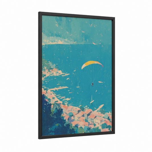 Coastal Paragliding framed art print — black wood frame — turquoise and peach palette