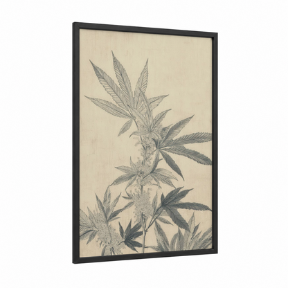Cannabis Botanical Study framed marijuana print — black wood frame — cream and gray palette