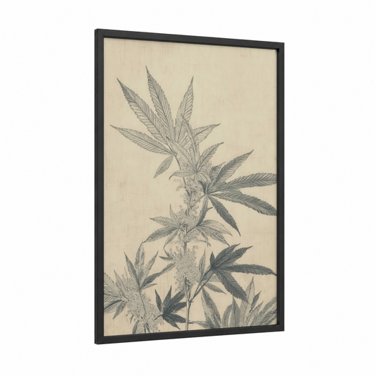 Cannabis Botanical Study framed marijuana print — black wood frame — cream and gray palette