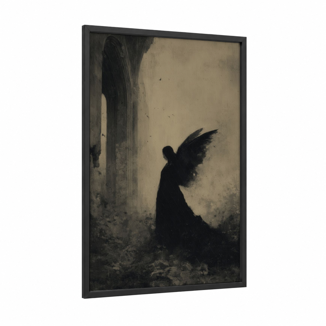 Shadowed Fairy framed art print — black wood frame — black and cream palette