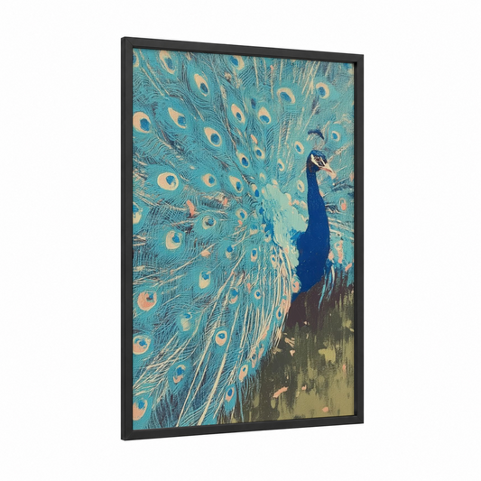 Turquoise Peacock framed art print — black wood frame — teal and cream palette