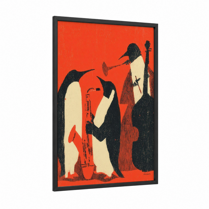 Jazz Penguin Trio framed art print — black wood frame — red and black and white palette
