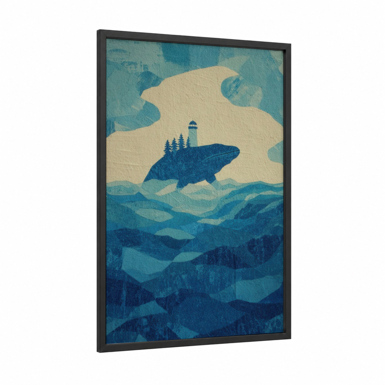 Lighthouse Whale framed humpback whale print — black wood frame — blue and cream palette