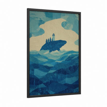 Lighthouse Whale framed humpback whale print — black wood frame — blue and cream palette