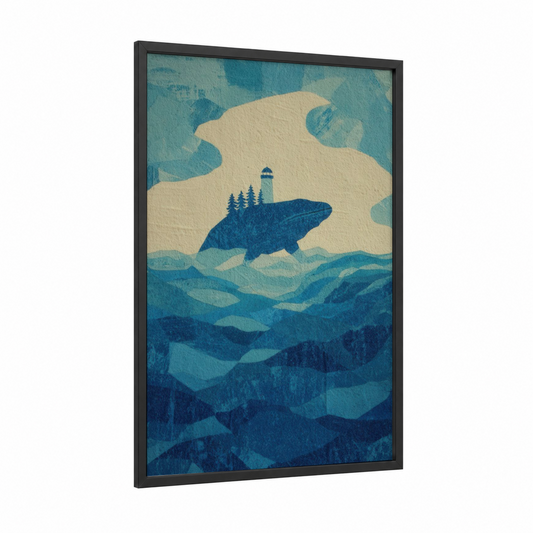Lighthouse Whale framed humpback whale print — black wood frame — blue and cream palette