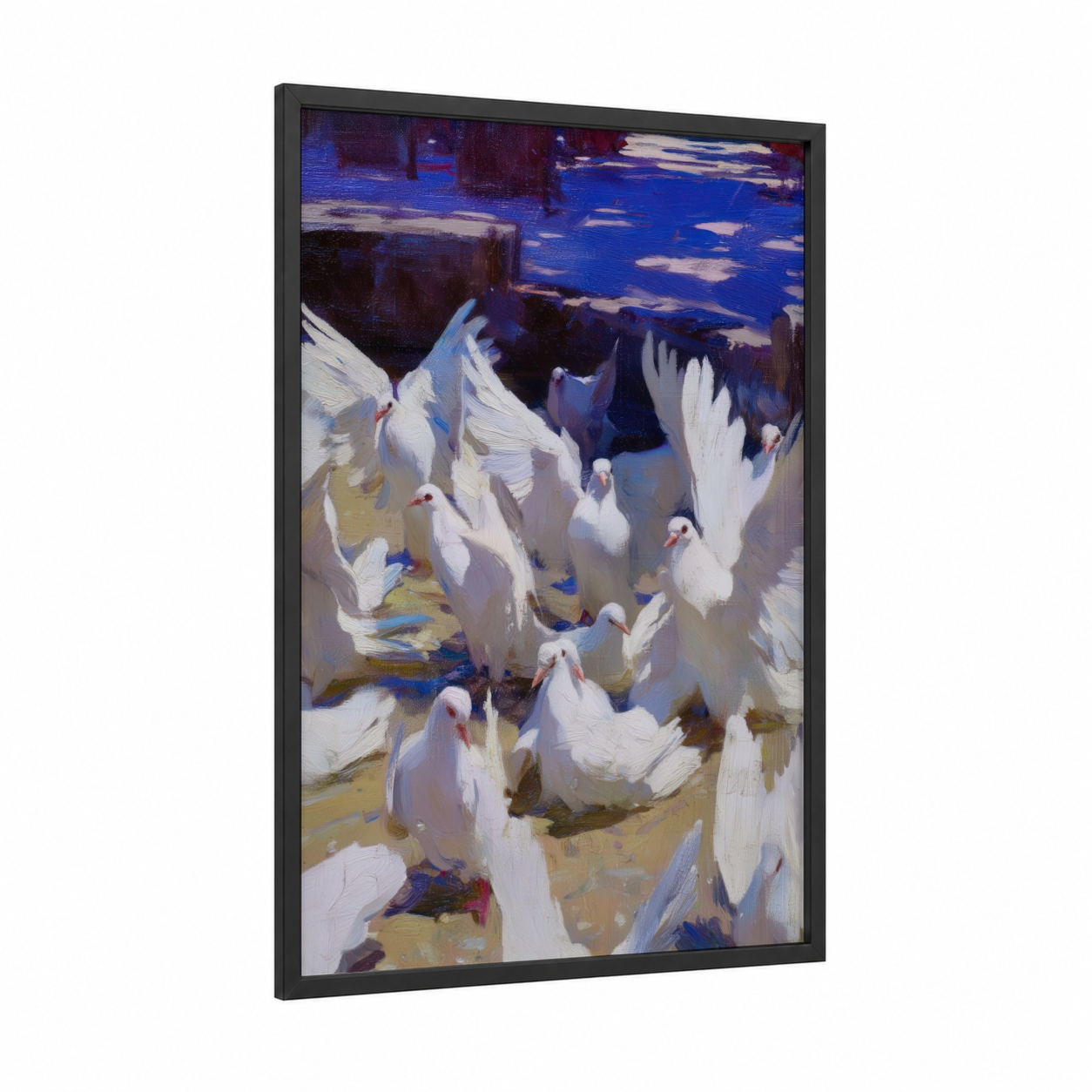 Peaceful Dove Flock framed art print — black wood frame — blue and white palette