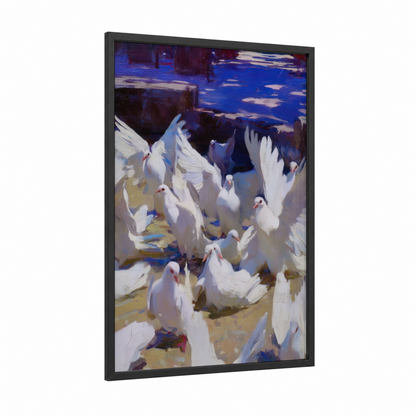Peaceful Dove Flock framed art print — black wood frame — blue and white palette