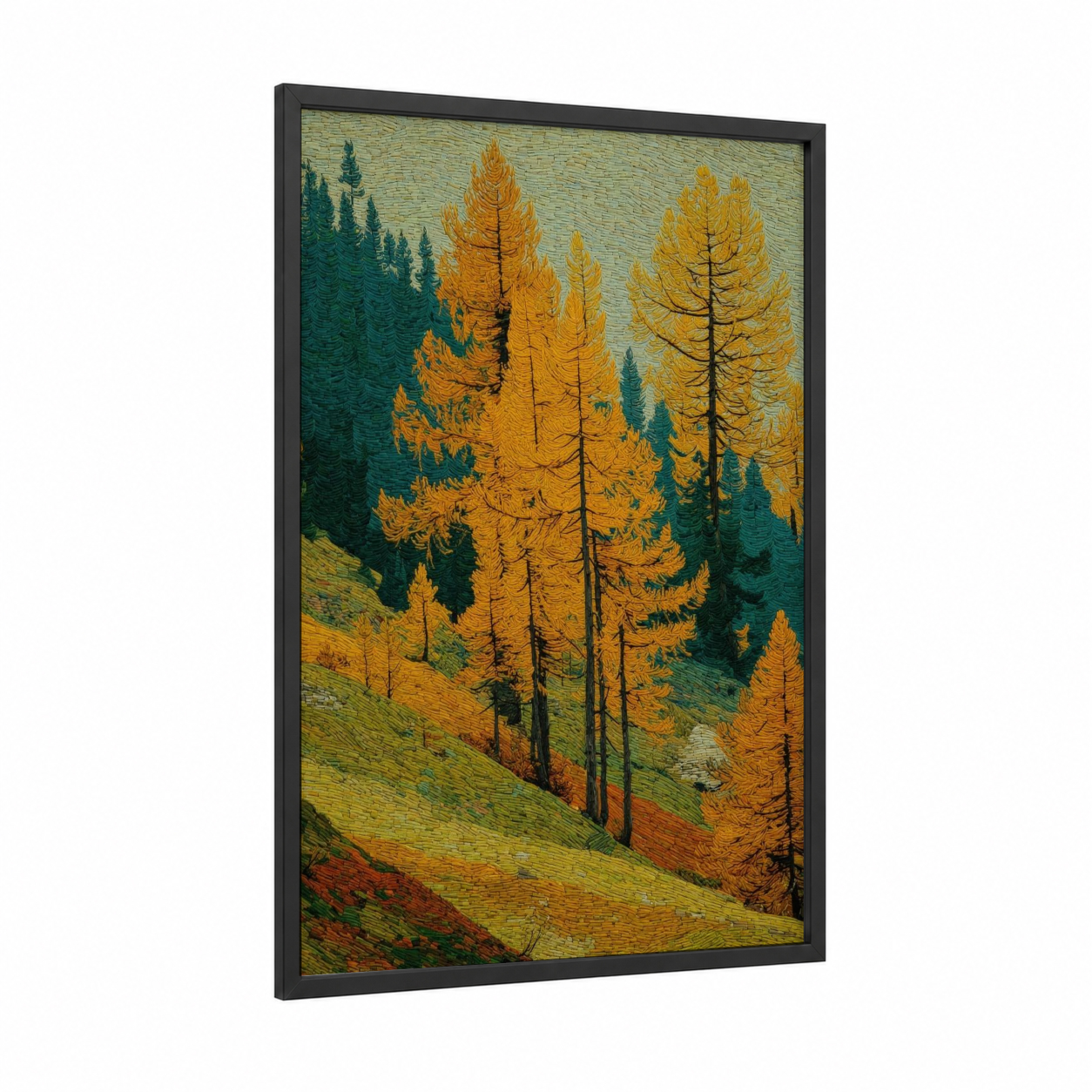 Golden Alpine Autumn framed alps print — black wood frame — gold and dark green palette
