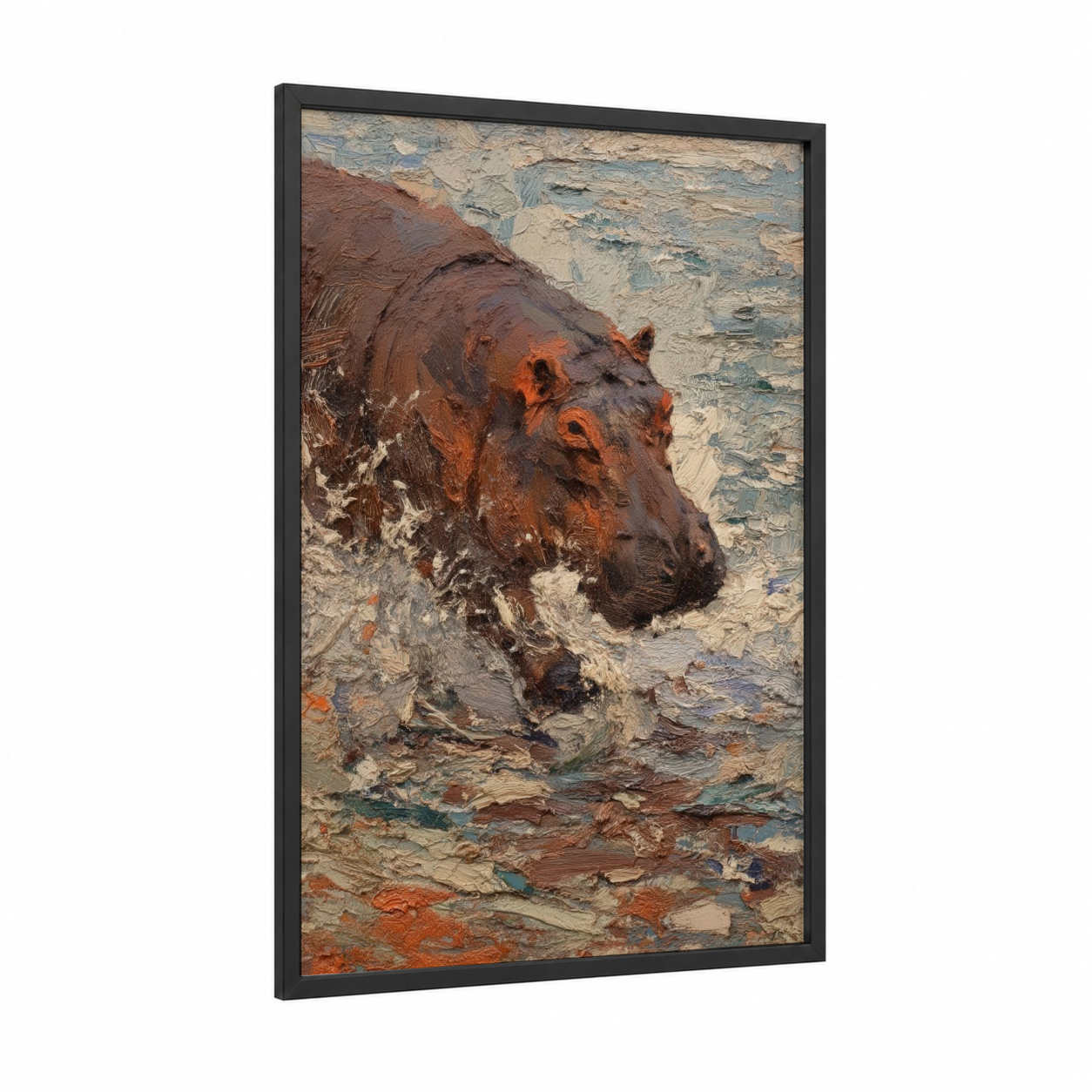 Bathing Hippo framed art print — black wood frame — russet and cream palette