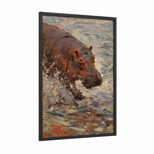 Bathing Hippo framed art print — black wood frame — russet and cream palette