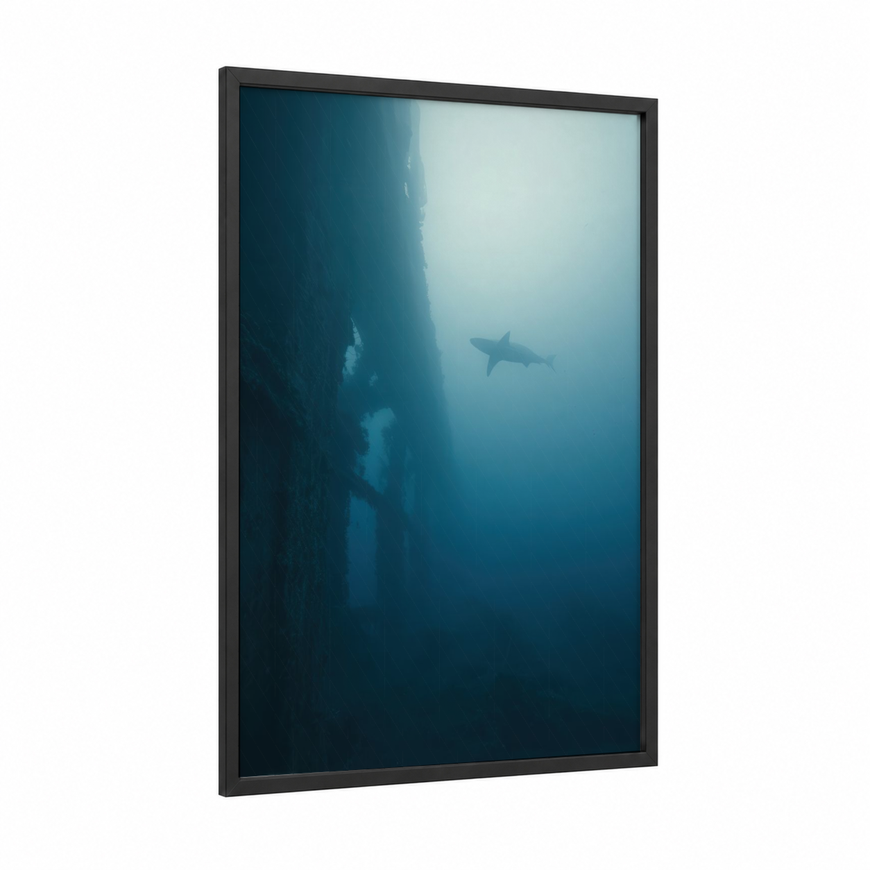 Misty Blue Shark framed art print — black wood frame — blue and gray and dark blue palette