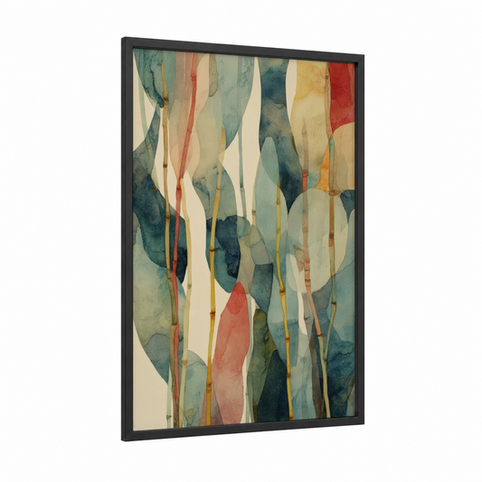 Misty Bamboo Garden framed art print — black wood frame — sage green and salmon pink palette