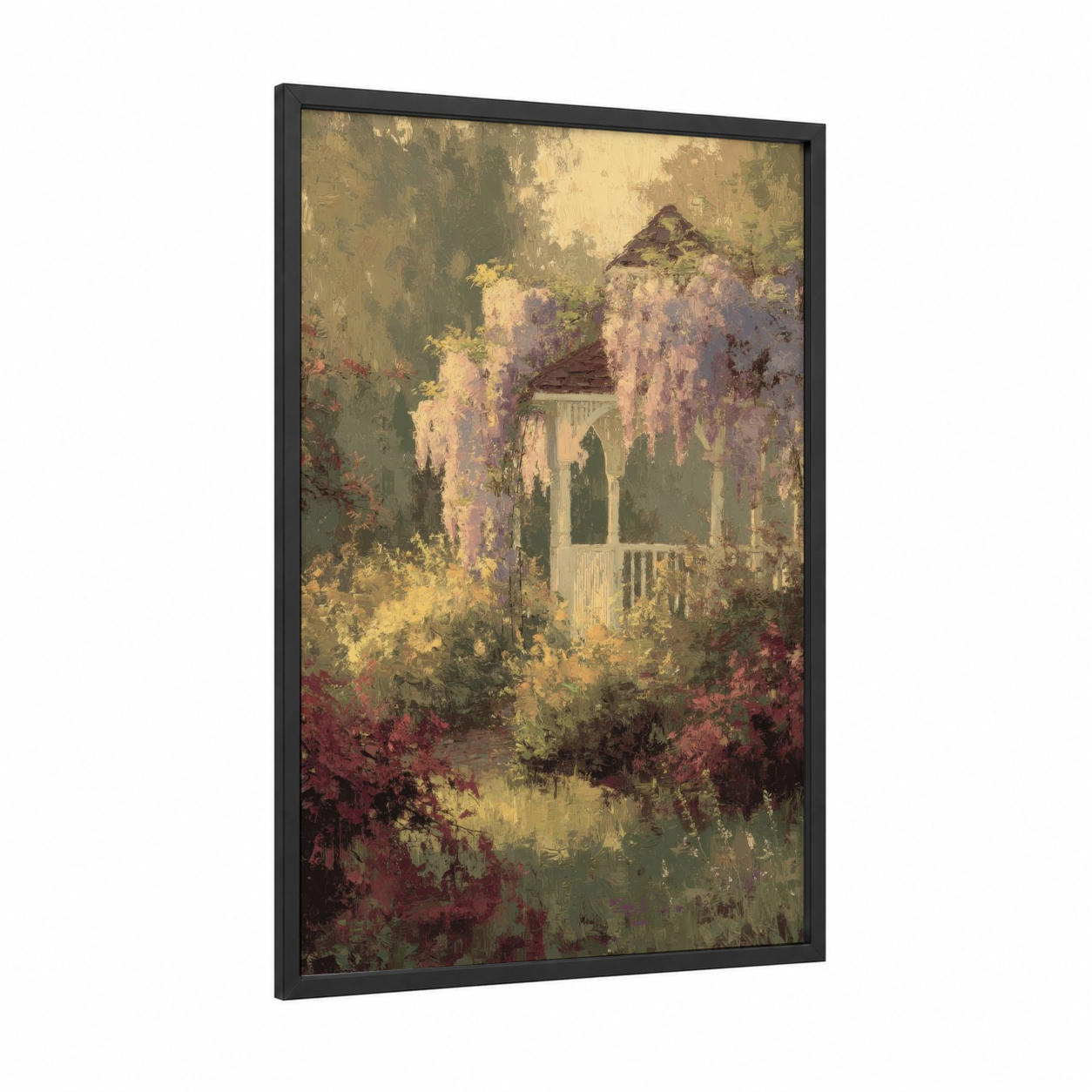 Wisteria Gazebo framed art print — black wood frame — lavender and gold palette
