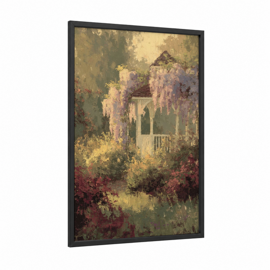 Wisteria Gazebo framed art print — black wood frame — lavender and gold palette
