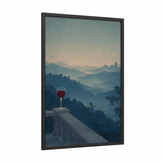 Mountain Vista Wine framed red wine print — black wood frame — blue and gold palette