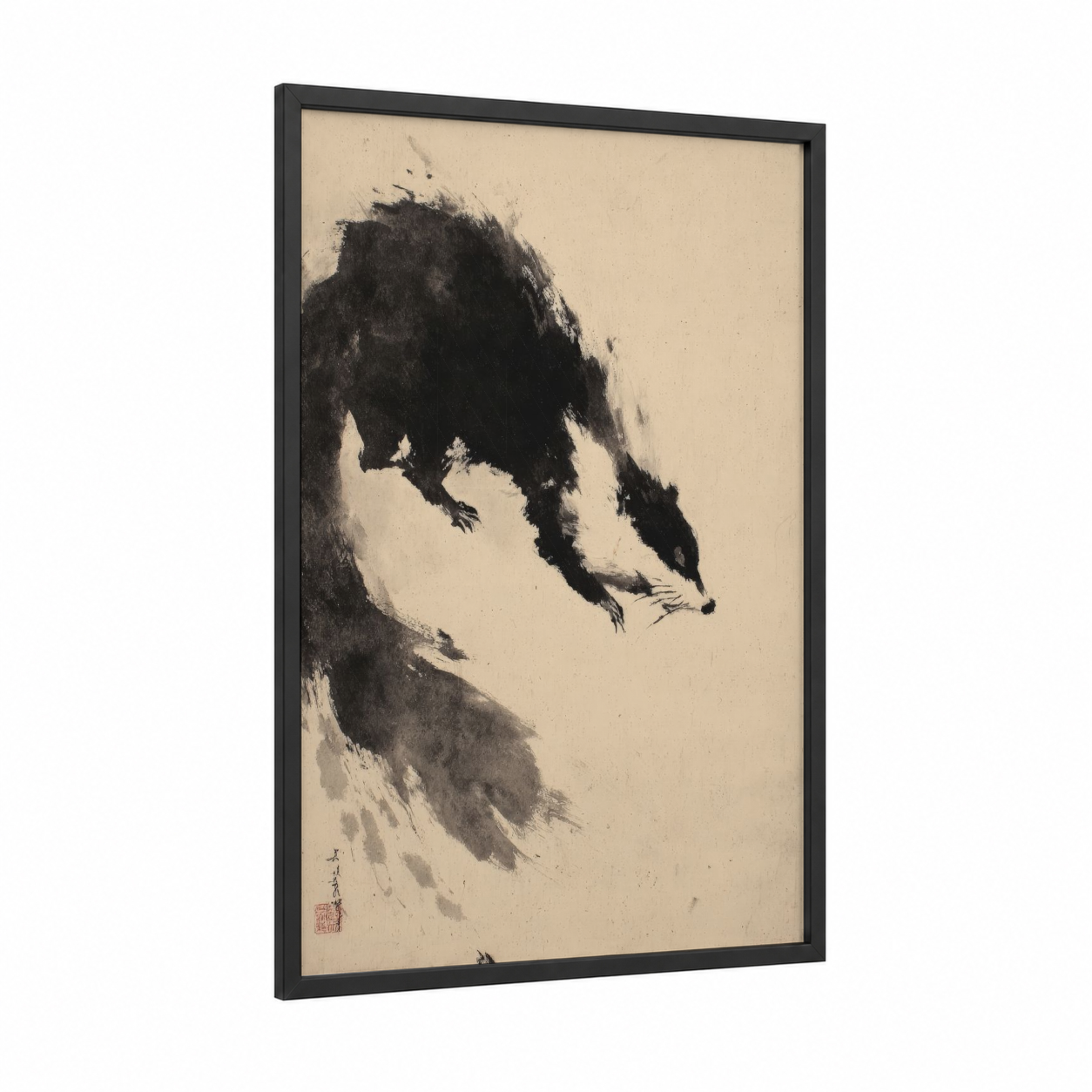 Brushstroke Raccoon framed art print — black wood frame — black and white and cream palette