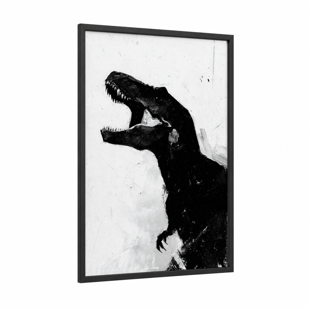 Fierce Dinosaur framed art print — black wood frame — black and white palette