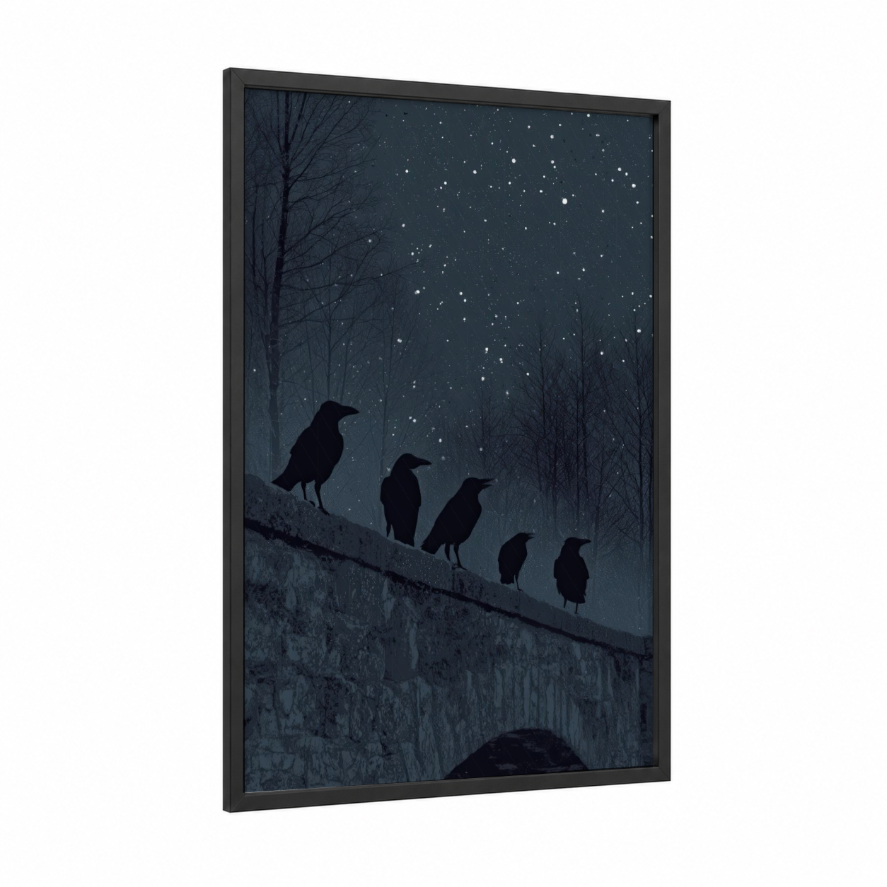 Starlit Ravens framed crows and ravens print — black wood frame — dark blue and black and white palette
