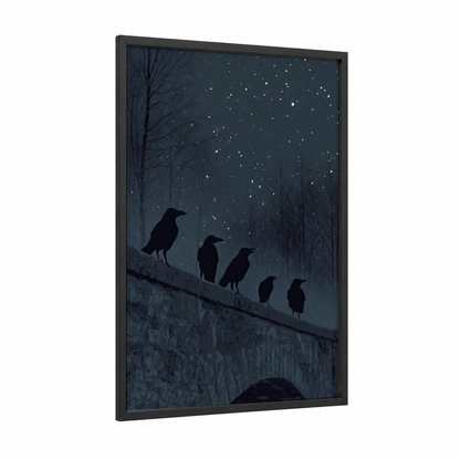 Starlit Ravens framed crows and ravens print — black wood frame — dark blue and black and white palette