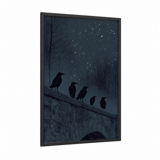 Starlit Ravens framed crows and ravens print — black wood frame — dark blue and black and white palette